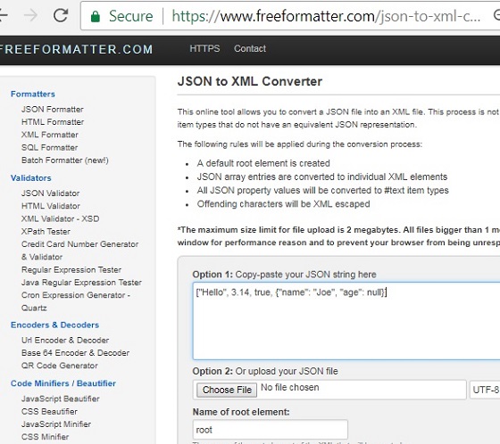 JSON to XML Conversion: freeformatter.com