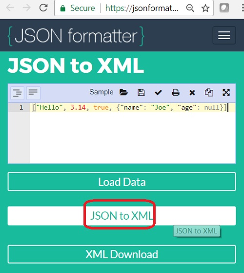 JSON to XML Conversion: jsonformatter.org