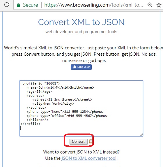 XML to JSON Conversion: browserling.com