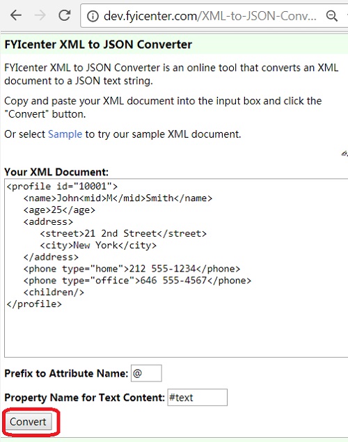 XML to JSON Conversion: fyicenter.com