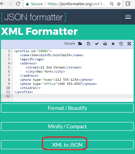 XML to JSON Conversion: jsonformatter.org