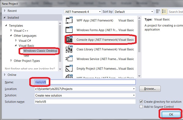 Console App with VB Code in Visual Studio 2017
