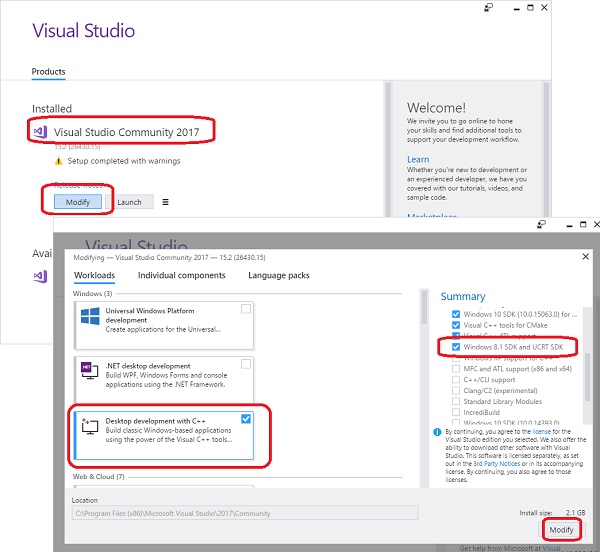 Install Windows SDK 8.1 with Visual Studio Installer